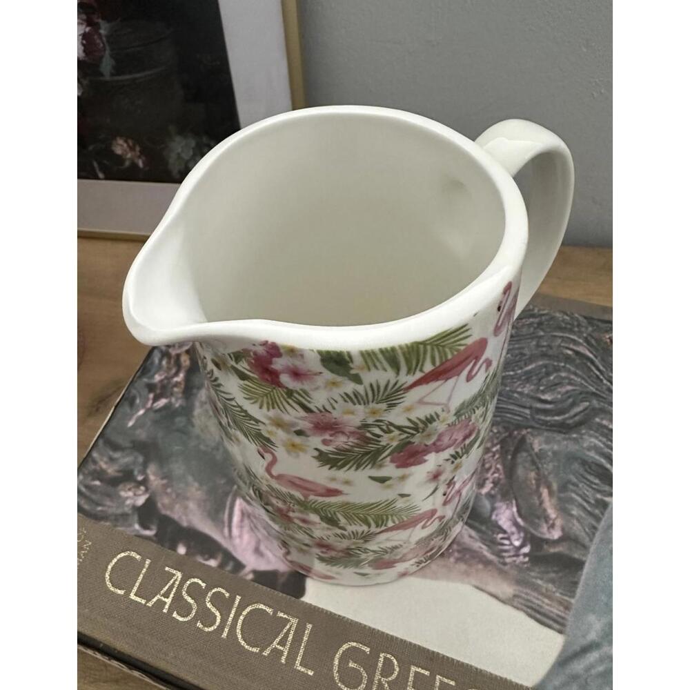 Grace Fine Porcelain Flamingo Pitcher W/ A Tropical Palms & Hibiscus Desig - Picture 5 of 6